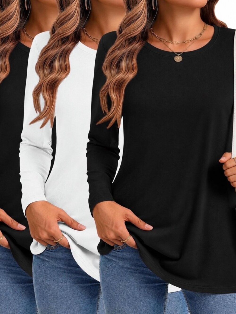 MOSHU Women's 3-Pack Long Sleeve Crew Neck T-Shirts 2 Black 1 White NWT